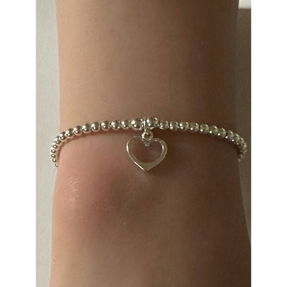 RAFANTHIA Jewelry - 925 Sterling Silver Beaded Stretch Stacking Bracelet Heart Charm Minimalist S7"